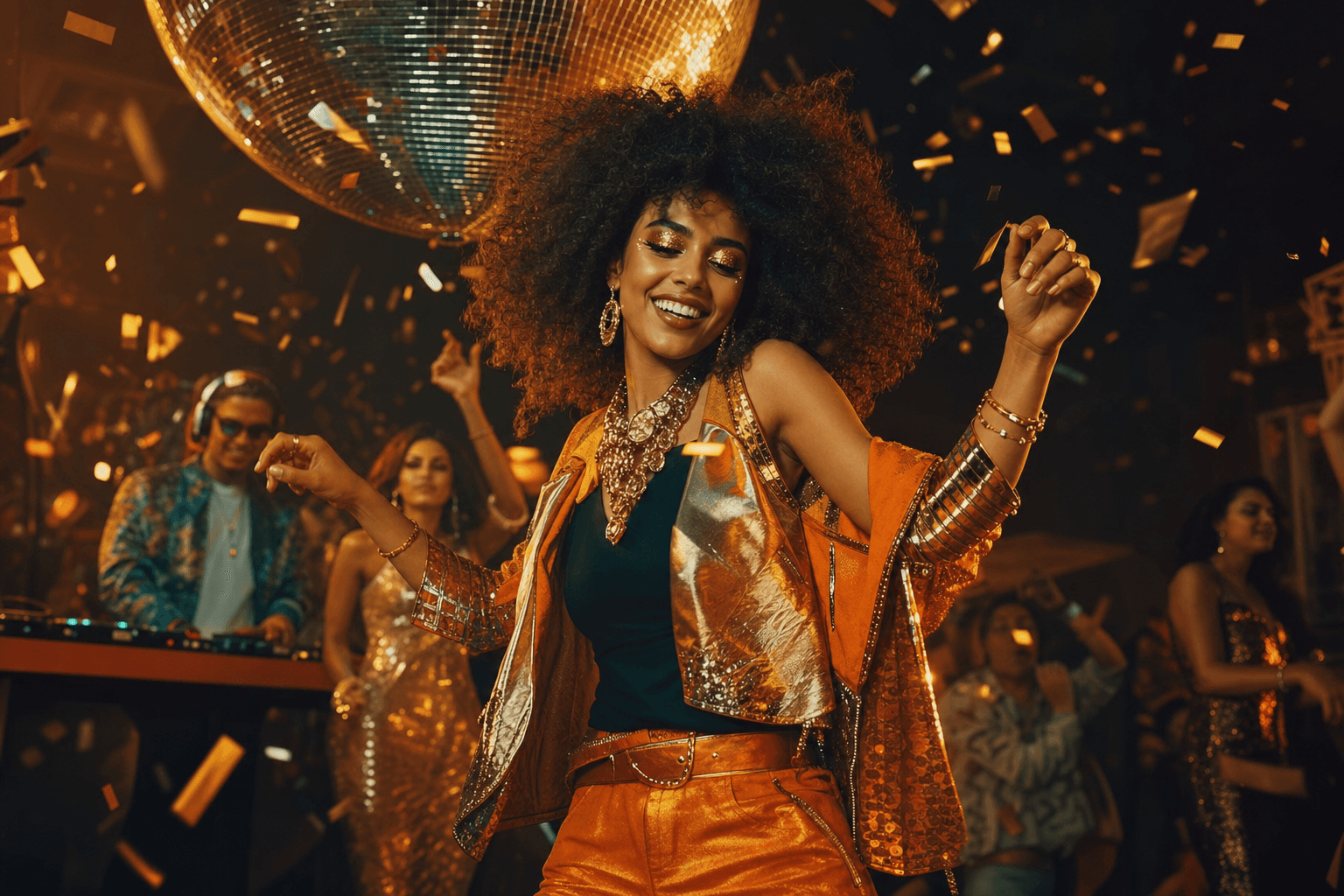 Moroccan woman dancing under disco ball — gold and orange nightlife editorial